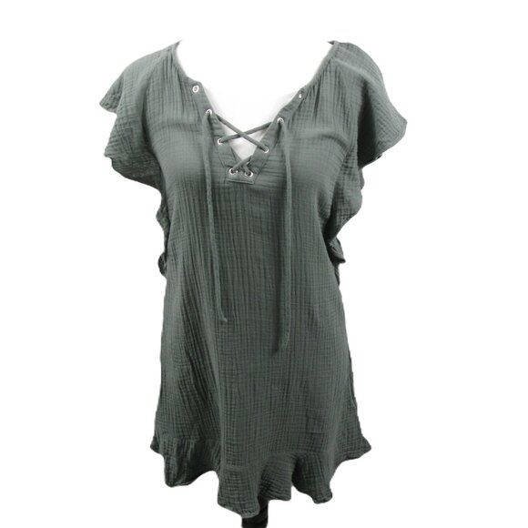 Tavik Army Green Tie Front Butterfly Sleeve Tunic Size Small - Picture 1 of 6